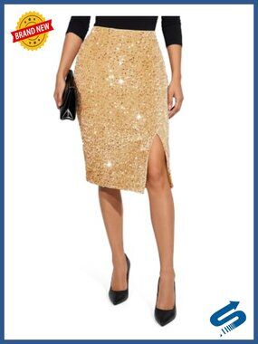 Women Sequin Velvet Midi Skirt Side Slit High Waisted Sheath